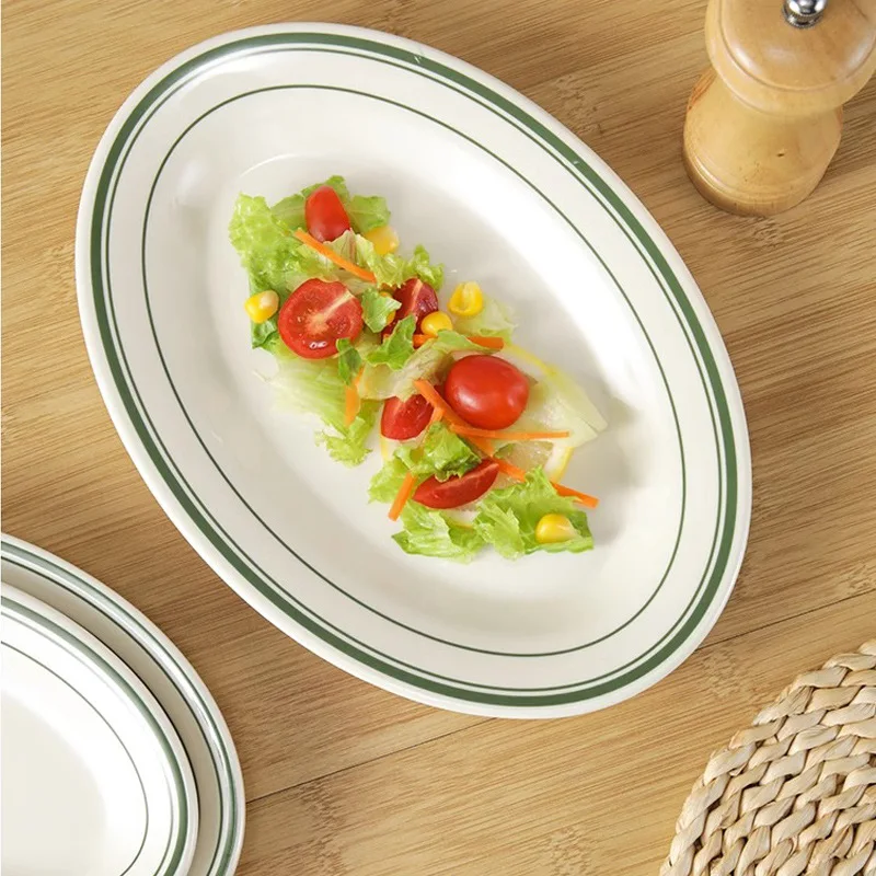 Best Seller Custom Nordic Unbreakable Green Line Oval Melamine Dining Plate Hotel Restaurant Creative Cold Dish