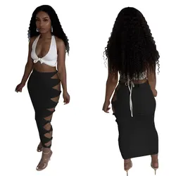Street sexy solid color knotted and ripped stitching female long skirt