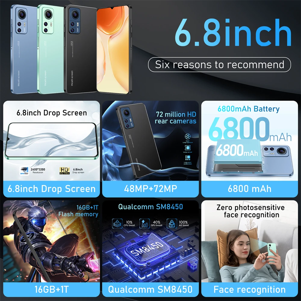 Best Selling Smart Android phone M12S Pro large screen 6.8 Inch HD 48MP+72MP 6800mAh big battery beauty smartphone