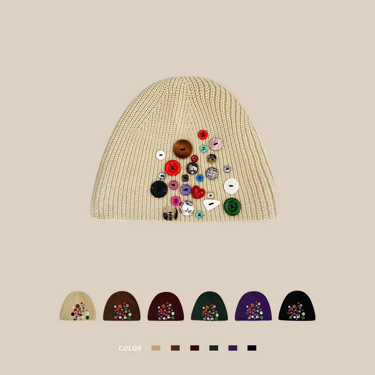 Women fashion knitted hats with buttons custom skull cap hat wholesale unisex knitted beanies big head winter beanies