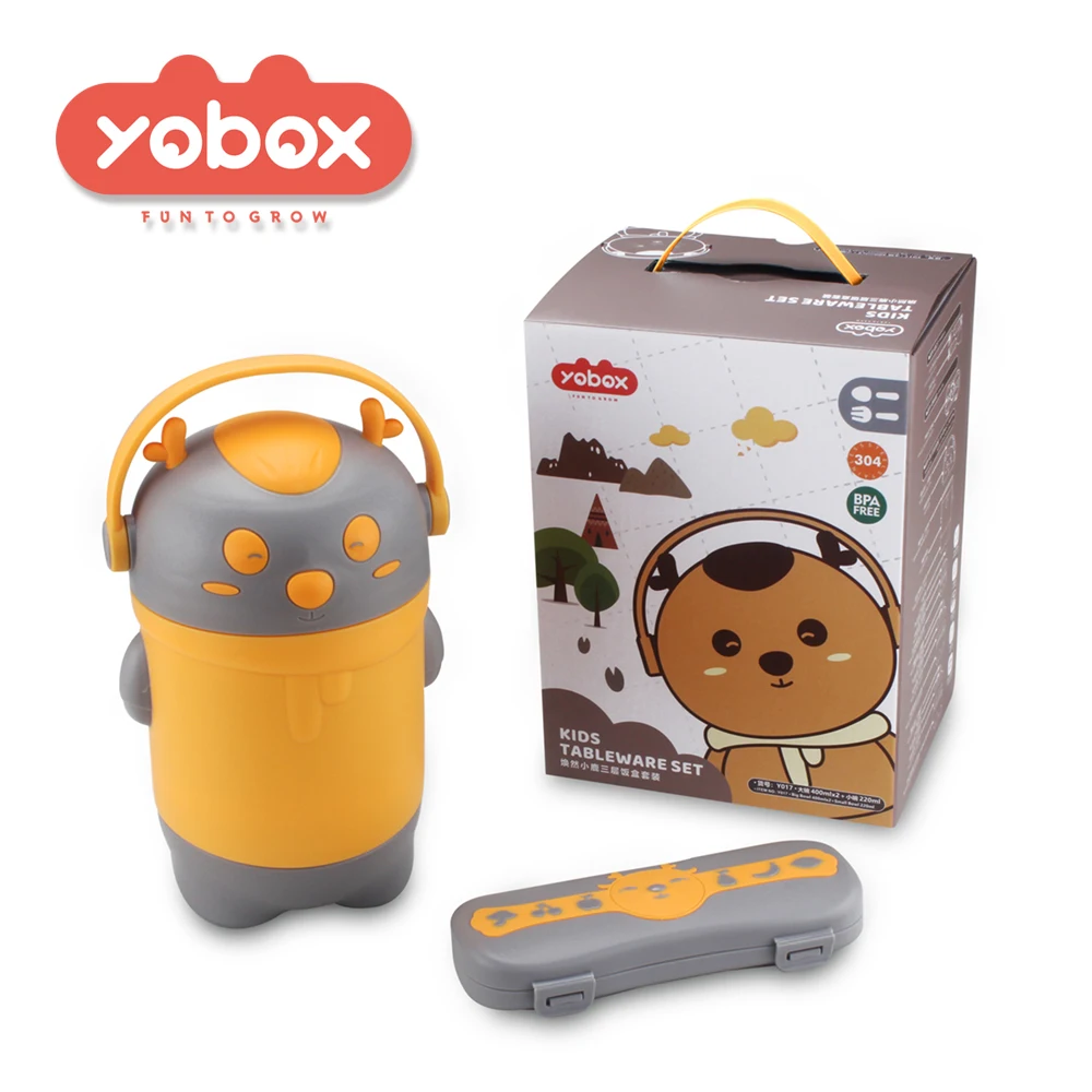 Children baby feeding cute handle portable insulated 304 metal stainless steel lunch box kids food jar with lids