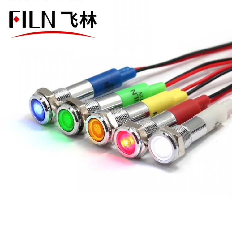 FILN ip67 6mm 6v 12v  220v LED metal indicator light flat coffee machine signal lamp red green blue yellow white with 20cm cable