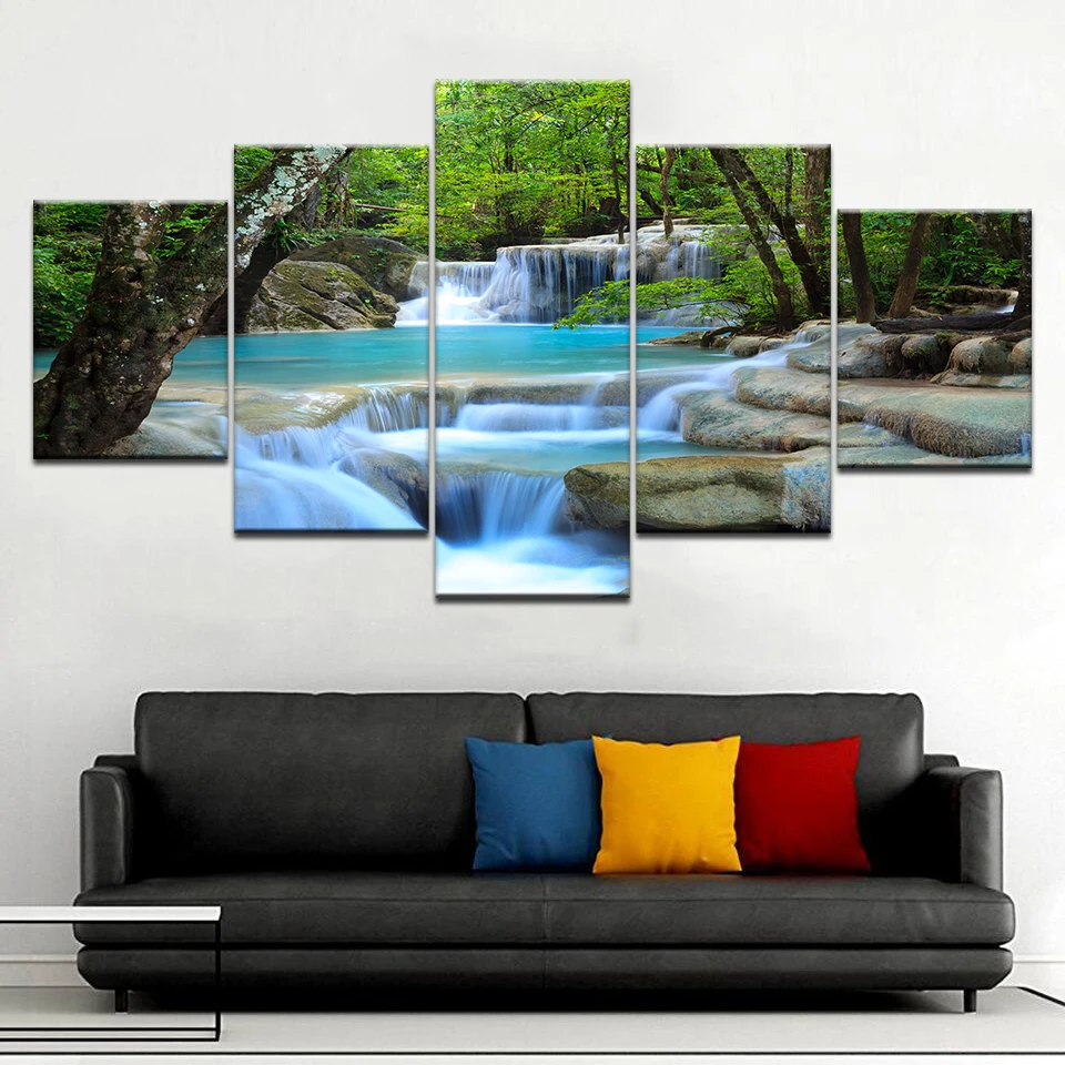 HD Prints Canvas Posters Home Decor 5 Pieces Natural Waterfall Paintings Wall Art Scenery Pictures Modular Living Room Decor