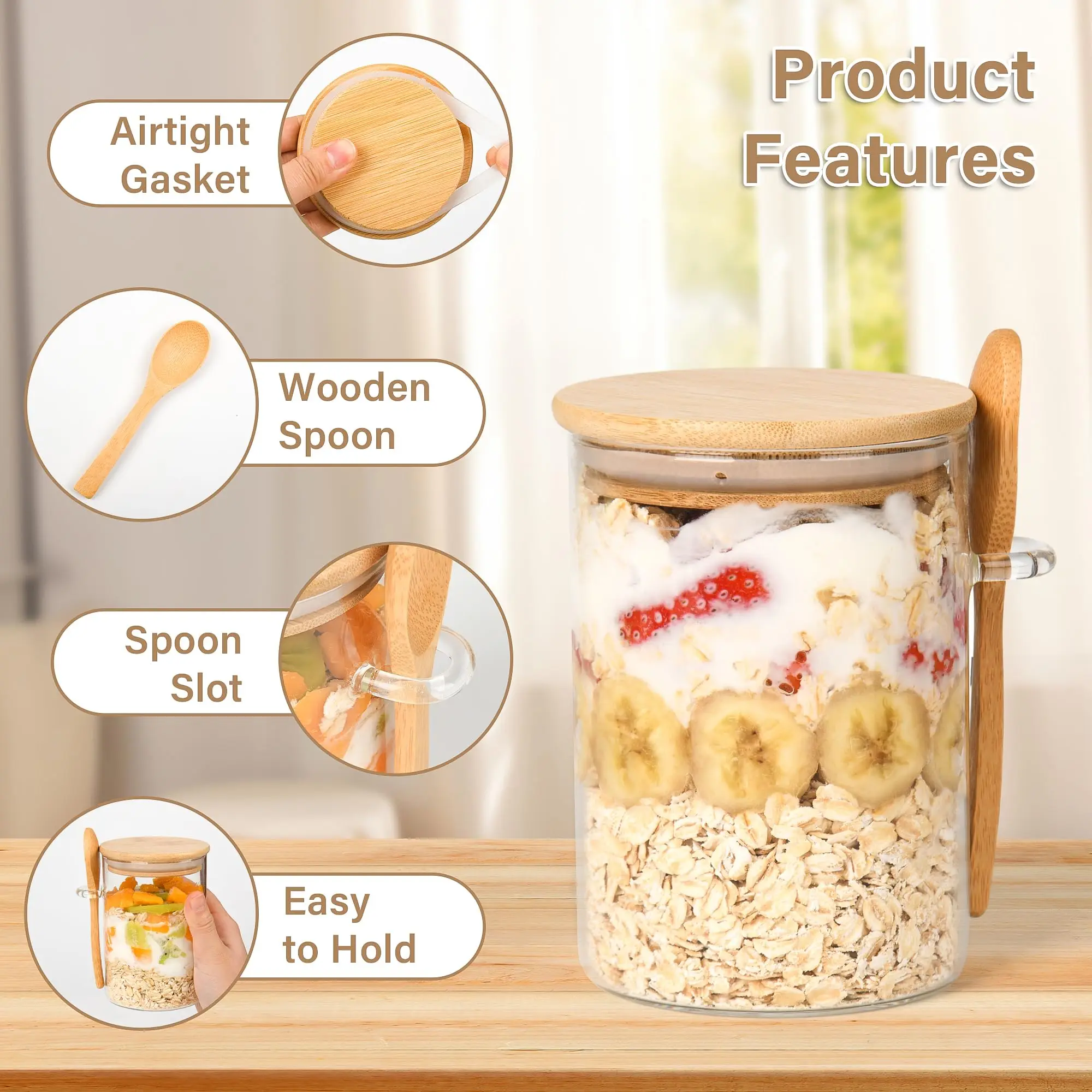 Overnight Oats Jars with Spoons and Lids Mason Jars 16 Oz Glass Jar with Lid Yogurt Containers with Lids for Overnight Oats