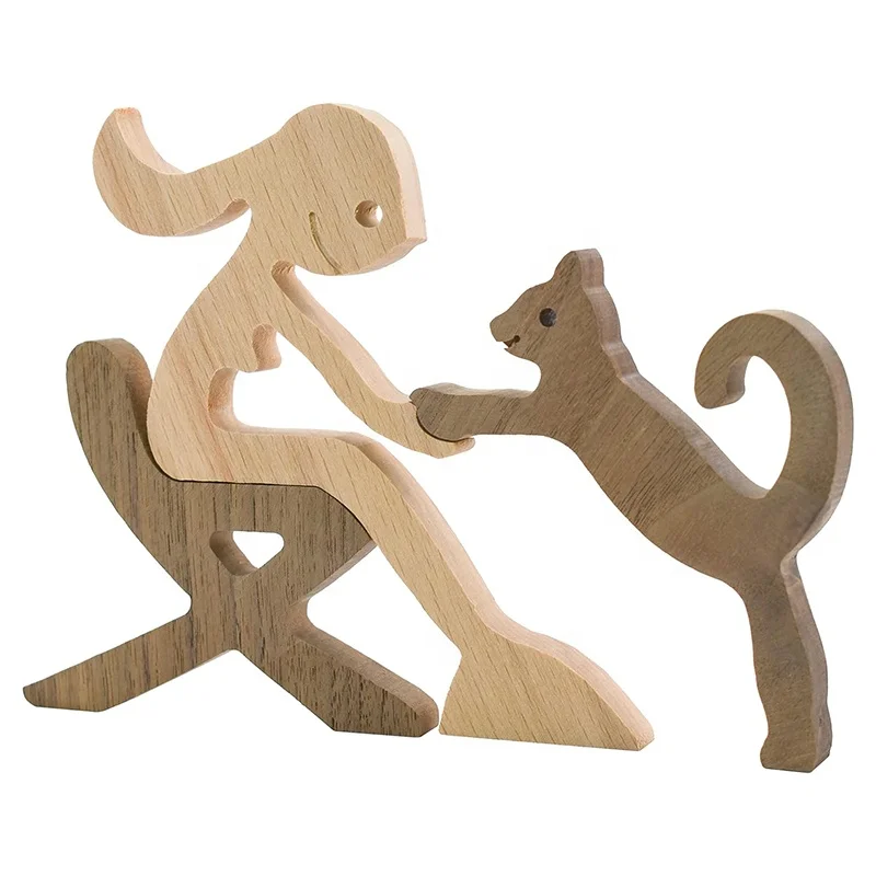 Home Office Decor Tabletop Decorative Ornaments Cat Figurines and Human Statue Wood Sculpture Wooden Pet Carvings