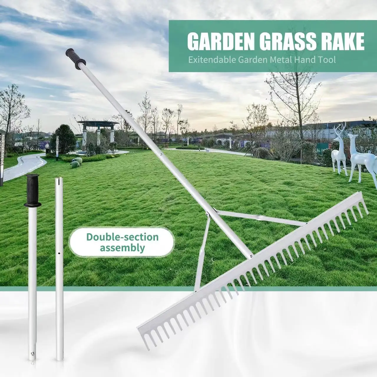 Heavy duty extendable head grass rake with  Factory Hot Sale Detachable Aluminum garden leaf rake landscape rake
