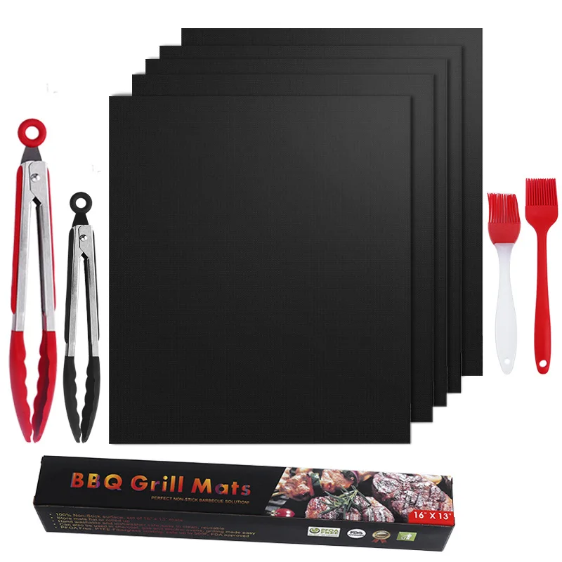 BBQ Accessories Reusable Non-stick PTFE Oven Liner 0.4mm thick barbecue mat Oil brush clip tong BBQ grill mat set