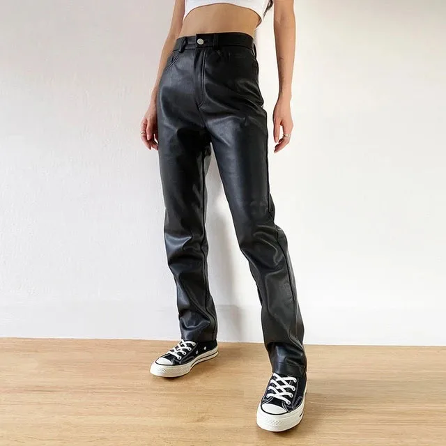 OEM logo leather mid waist straight cut pants women slim fit casual washed label trouser leather pants