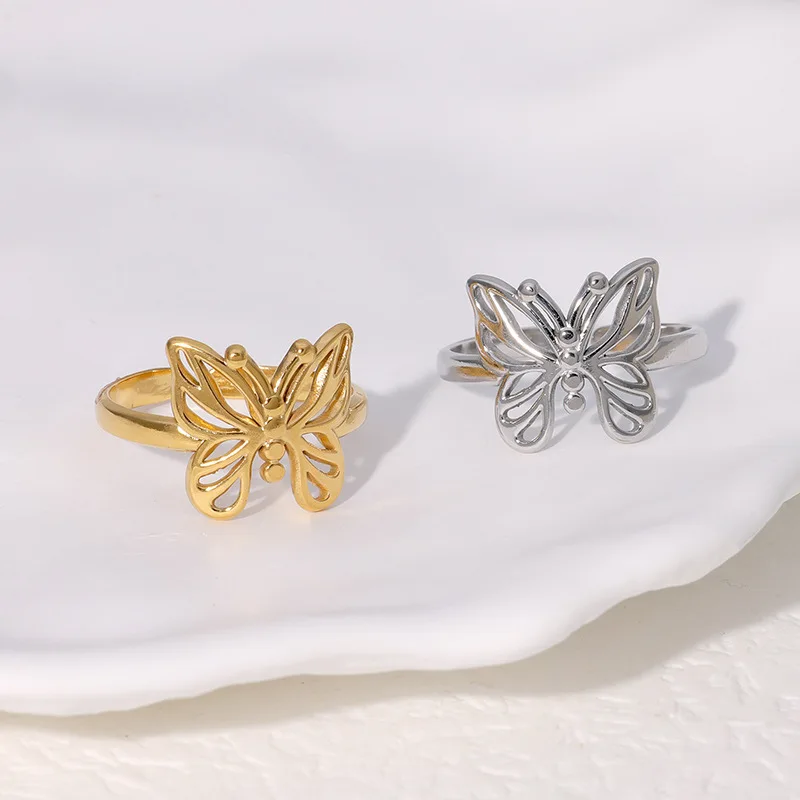 Beimai OEM ring Elegant butterfly 18K gold-plated stainless steel open women ring