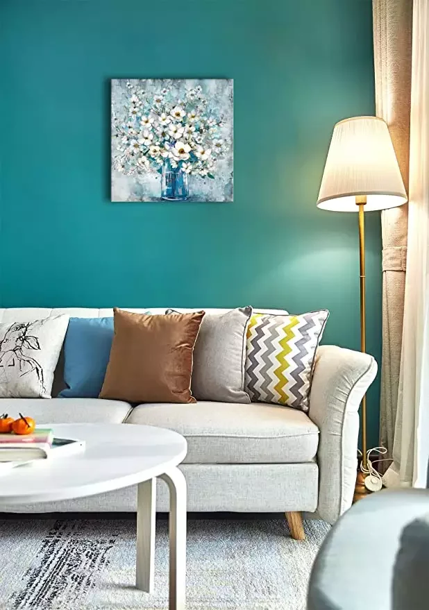 Decor White Flower In Blue Bottle Theme Picture Wall Art Painting Designs