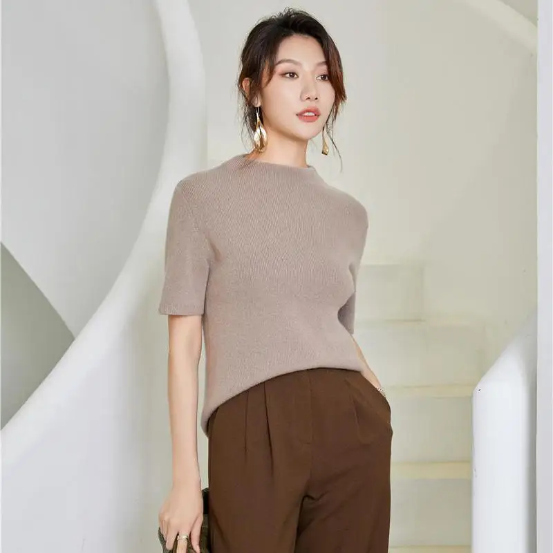 Fashion Design Half Sleeve Half Turtleneck 100% Cashmere Pullover Sweater for Women