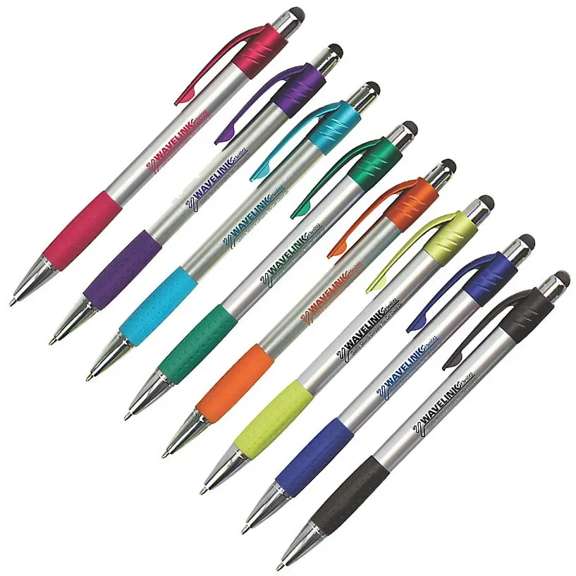 customized silver plastic promotional rubber grip stylus touch screen ball pens with personalized company name logo imprinted
