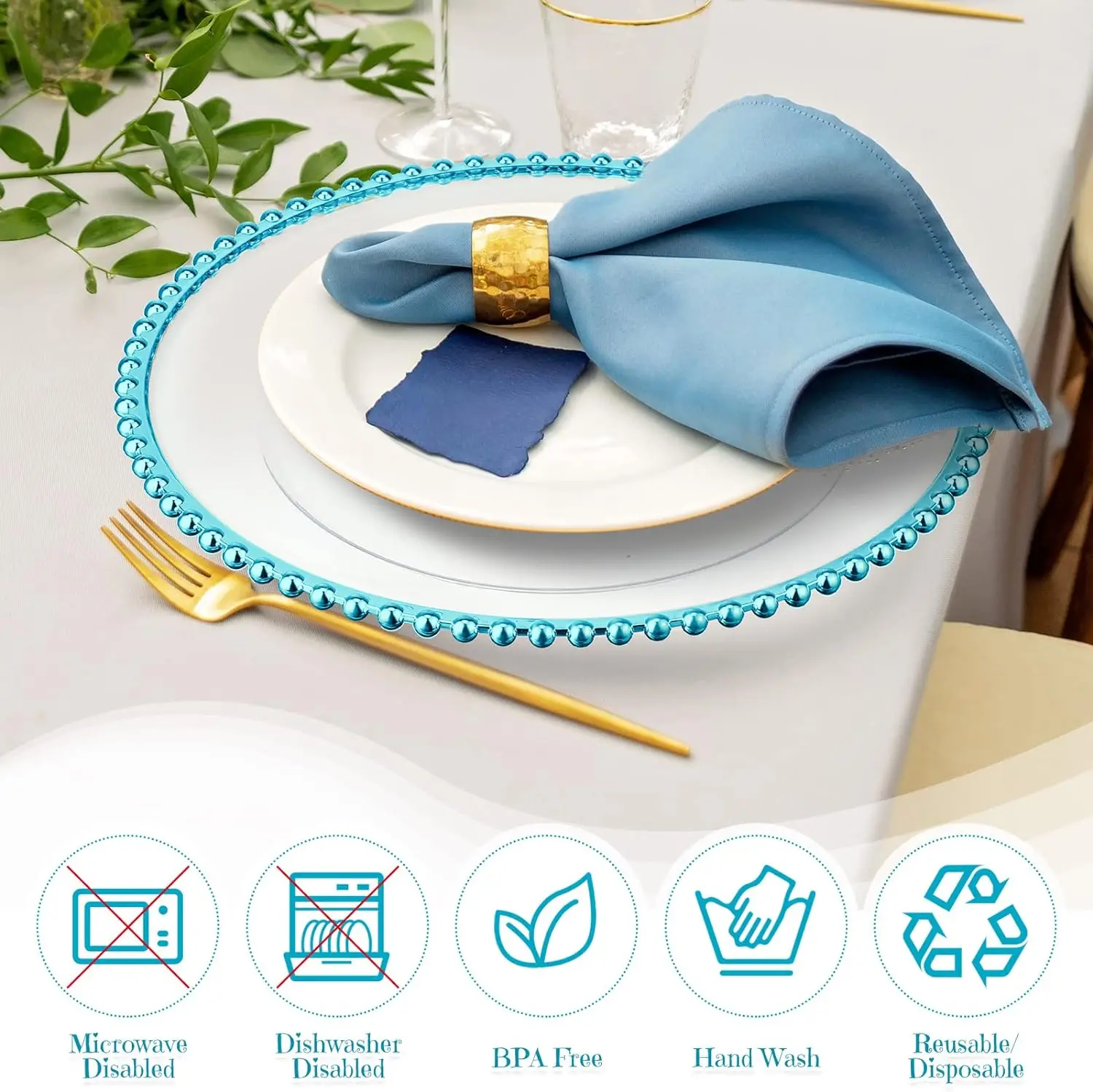 Home Kitchen Party Wedding Tabletop Decor 13 Inch Plastic Acrylic Round Bright Blue Clear Charger Plates with Beaded Rim
