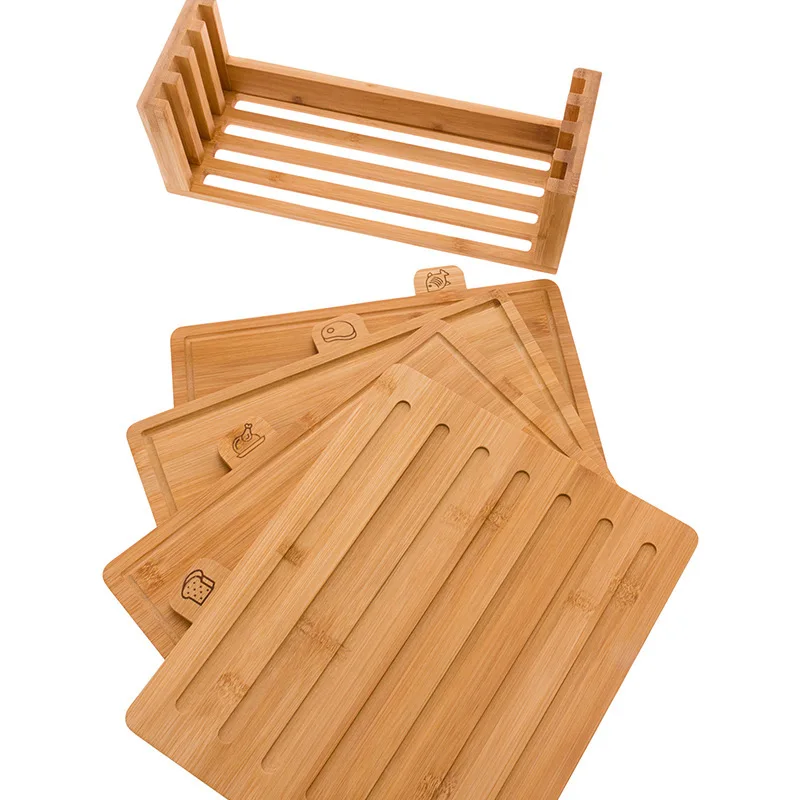 Sustainable wood bamboo chopping board four-piece set household kitchen set with rack  fruit cutting board