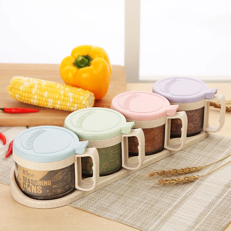 Kitchen wheat fiber 300ml*4  salt pepper sugar storage box condiment container cruet set glass seasoning jar with spoon