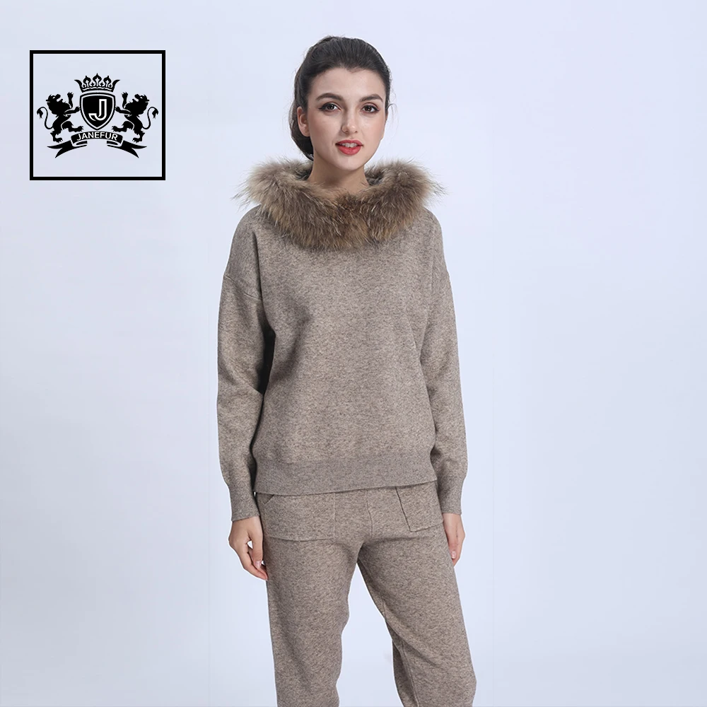 2022 Autumn Winter Knit Sweater Knitwear Set  Knitted Women Raccoon Fur Hooded Sweater Suits Set