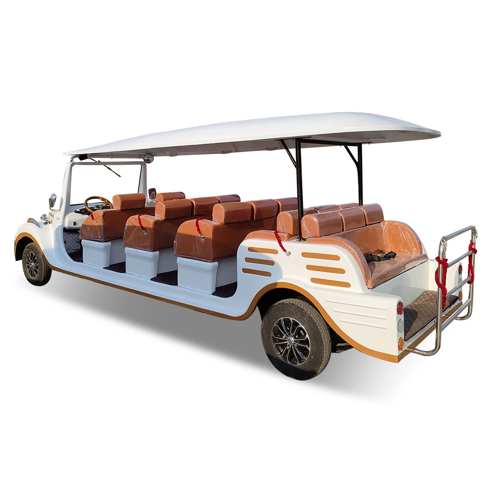 The square-head vintage classic car with golden trim in pure white, offering 6-14 seats,  and equipped with a lithium battery.