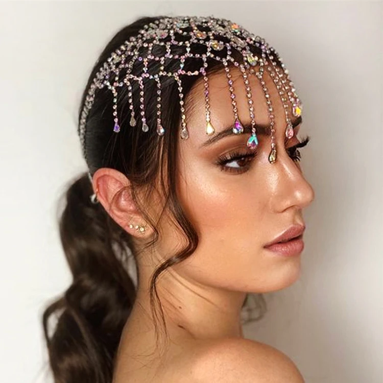 Luxury Ladies Hair Bands Accessories Fashion Party AB Rhinestone Hairpiece AB Diamond Forehead Hair Pieces for Women