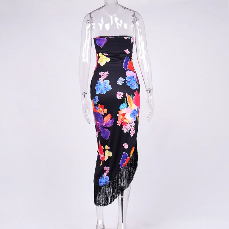 2023 Summer Hot Sale Sexy Party Tassel Dress Off Shoulder Floral Print Bodycon Fringed Slit Wrap Dress Fashion Beach Maxi Dress