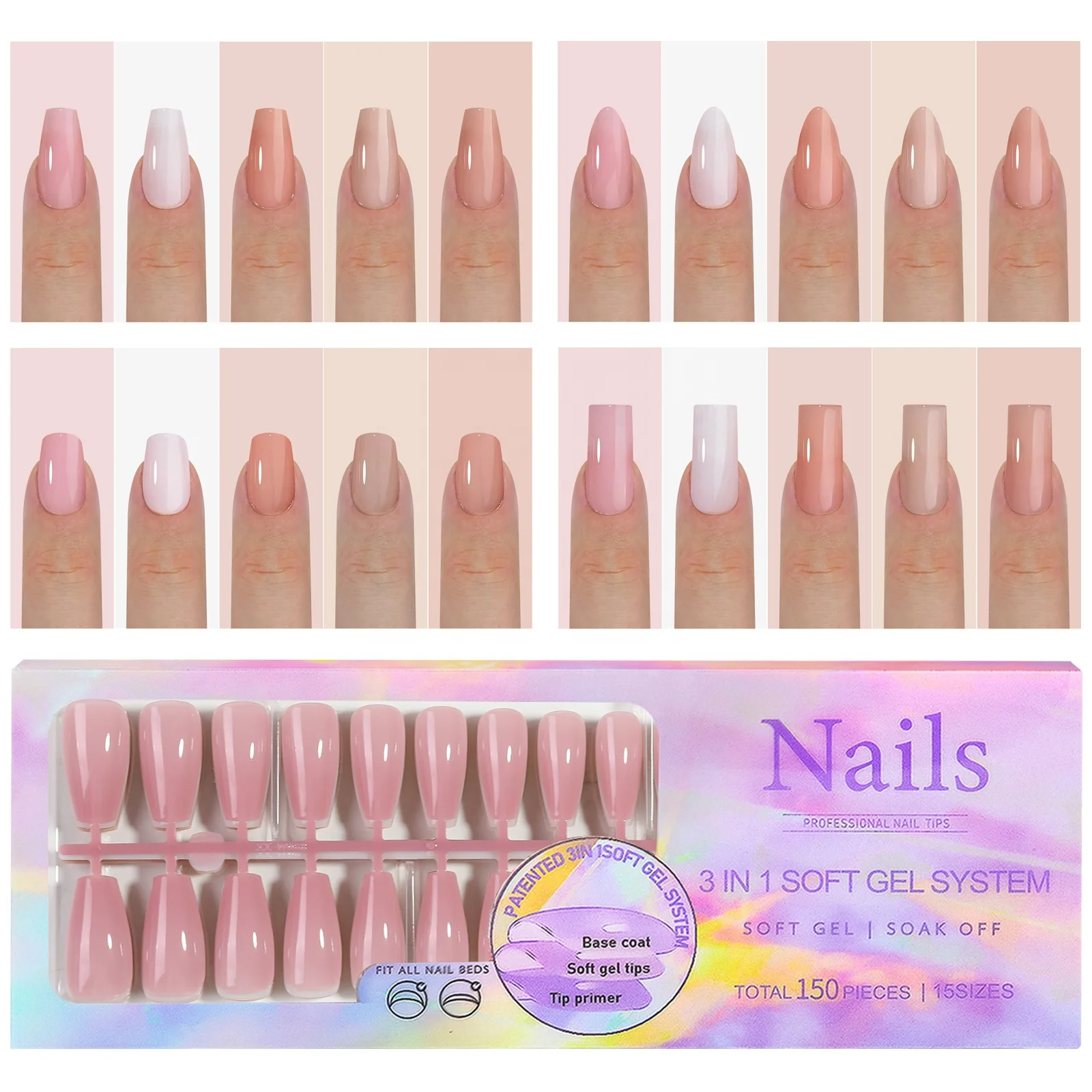 Manicure Nude Color Traceless Nail Removable French Soft Gel Nail Tips 3 in 1 X-coat Tips Premade Manicure Press on Nail