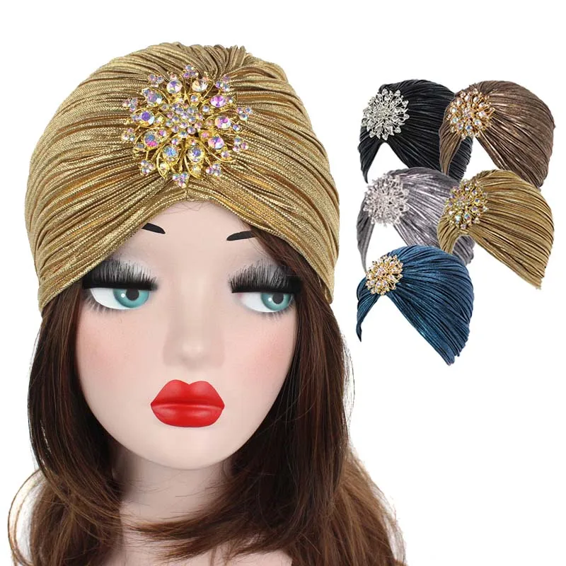 wholesale woman luxury gold ruffled bonnet with rhinestone brooch turban hijab cap head wrap wraps headwrap hair accessory
