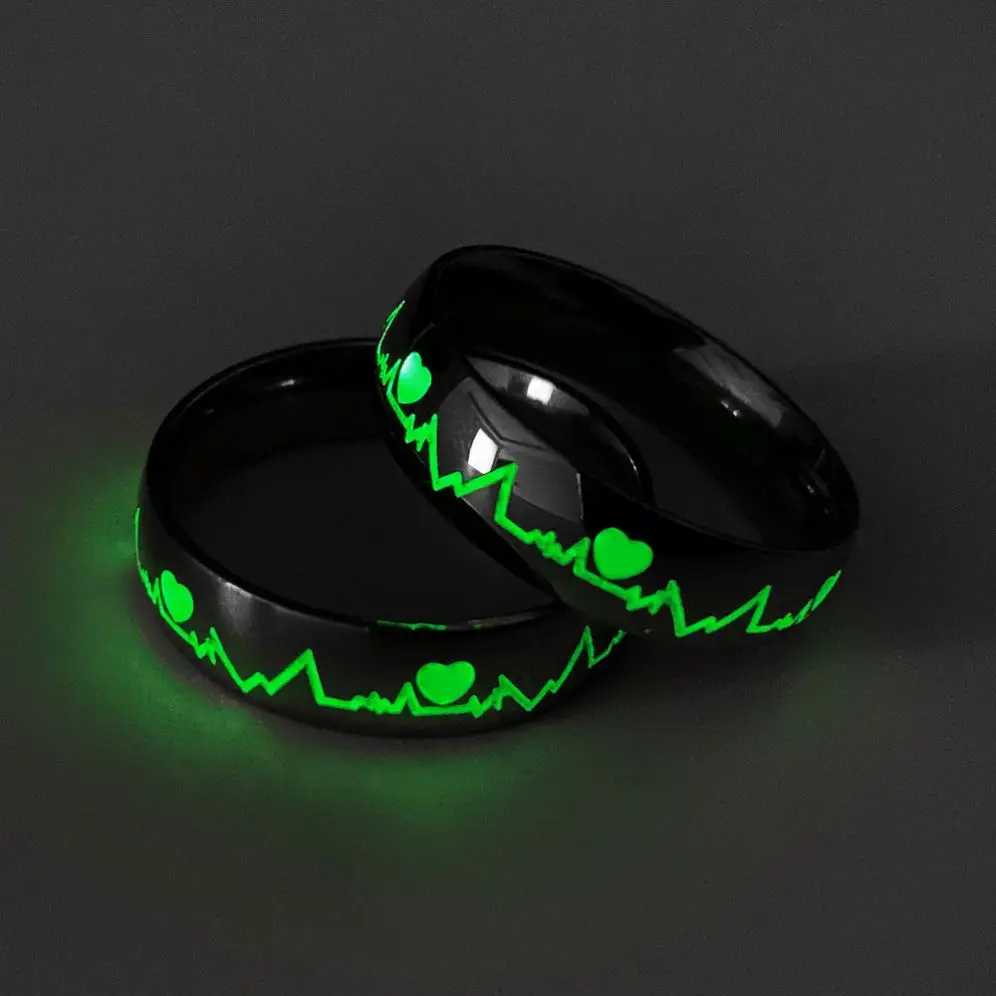 Hot sale Stainless Steel Luminous Heartbeat Ring Couple Ring Simple Fashion Fluorescent Couple Jewelry Ring For women and men