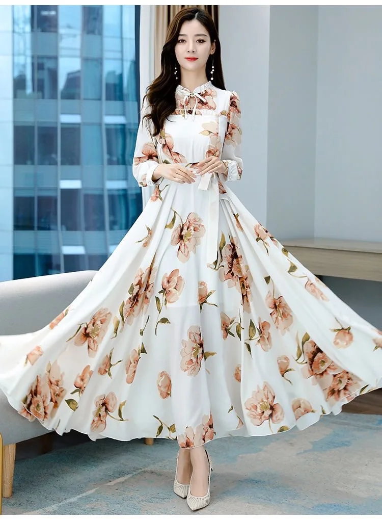 Women Maxi Standard Floral Summer long dress lady long sleeves printing  flowers fashion Dresses