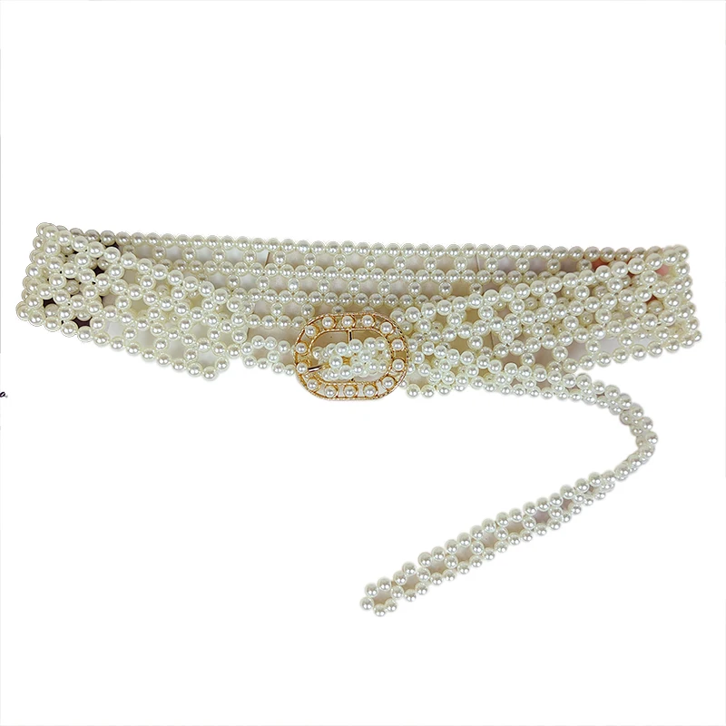 
Versatile Pearl Rhinestone elastic belt round buckle beaded belt decorative dress 