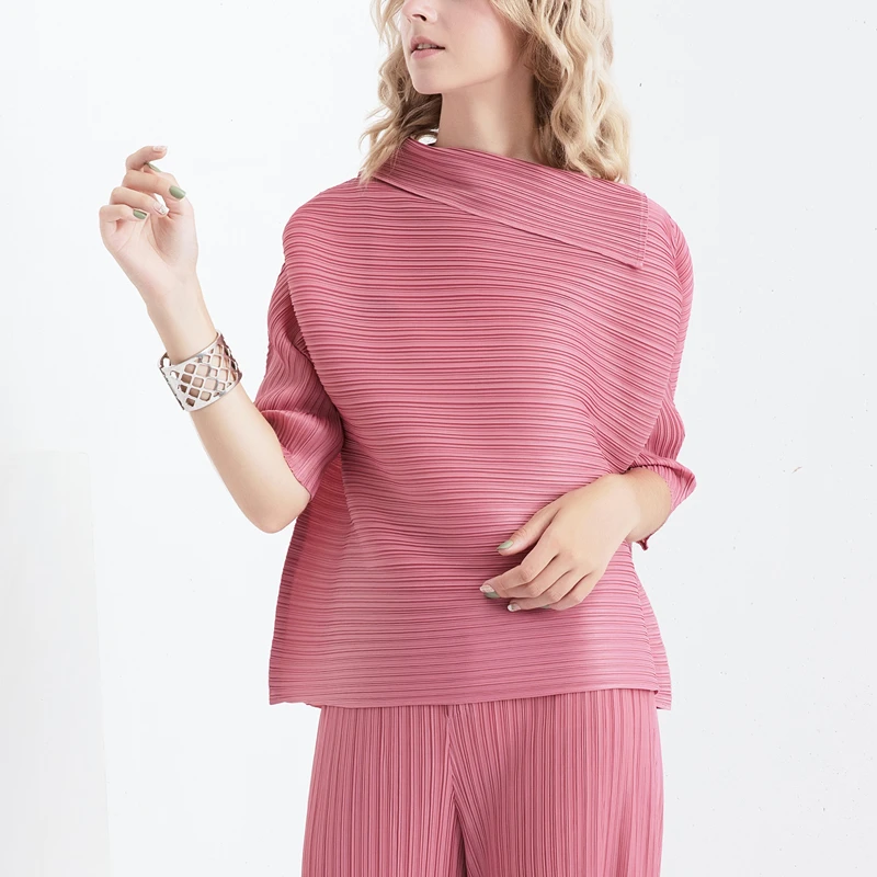 Korea Style Women Chiffon High Neck Pleated Pink Fat Womens Blouses Summer