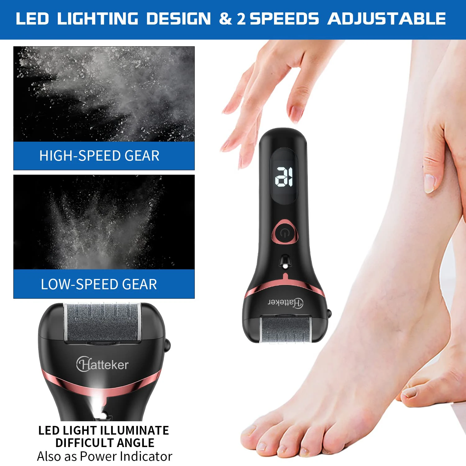 Hatteker Electric Foot Sharpener Waterproof USB Rechargeable Callus Remover LED Pedicure Foot File