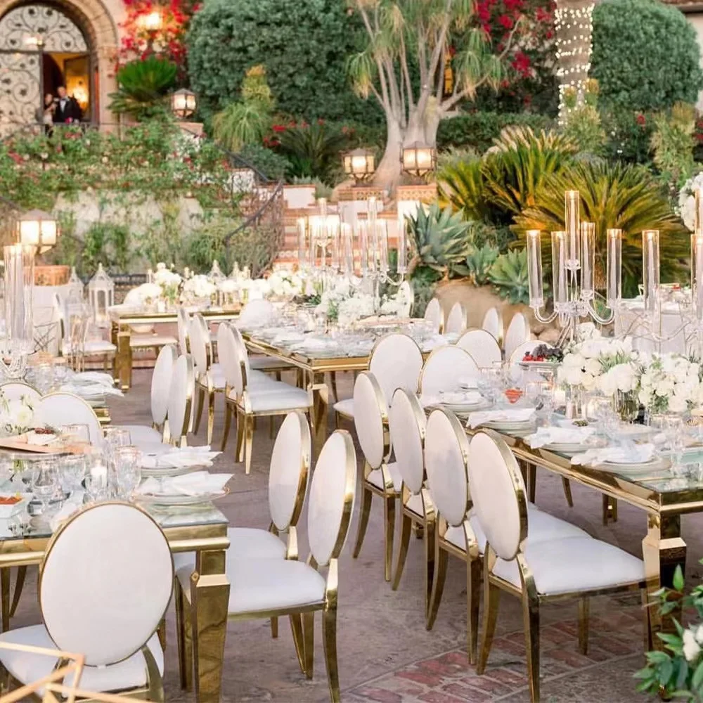 Wholesale Luxury Gold Stackable PU Leather Velvet Round Back Stainless Steel Hotel Hall Banquet Event Wedding Dining Chair