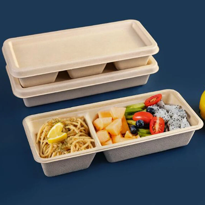 Biodegradable disposable 3 compartment rectangle take out food container box packaging
