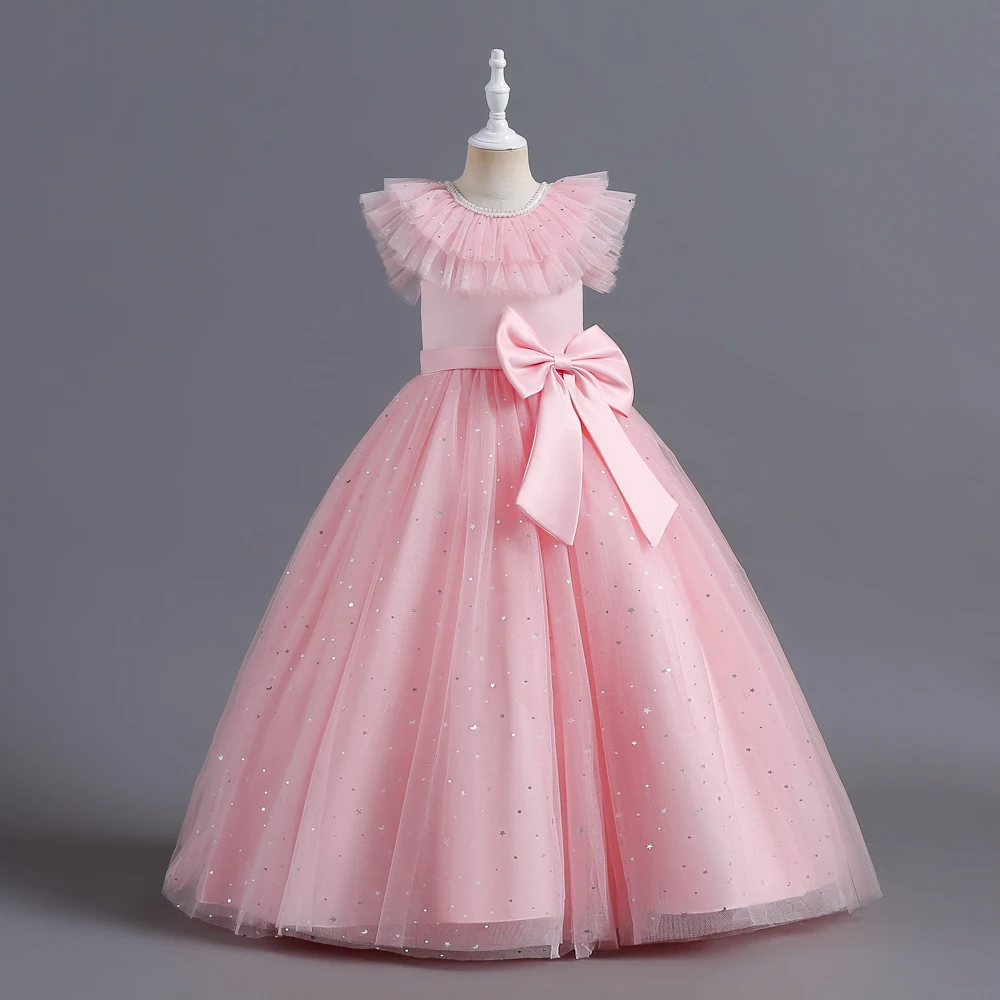LS5505   Newest Children Long Frock Design High Quality Puffy Simple Kids Wedding Party Elegant Dress