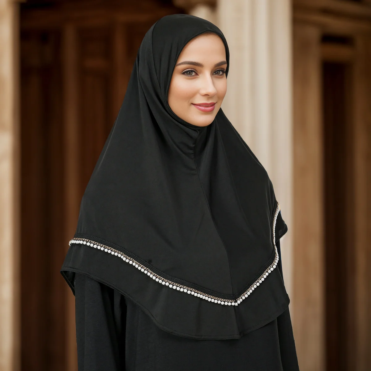 Ready to Wear Malaysian Pearl Headscarf Turban Hat Tudung Muslim Black Instant Hijab Scarf For Women With Beads