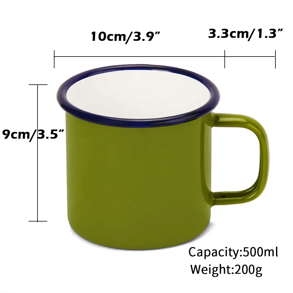 
DX Best Seller Custom Printed Coffee Cup Solid Green Color Enamel Mugs With Blue Rim 