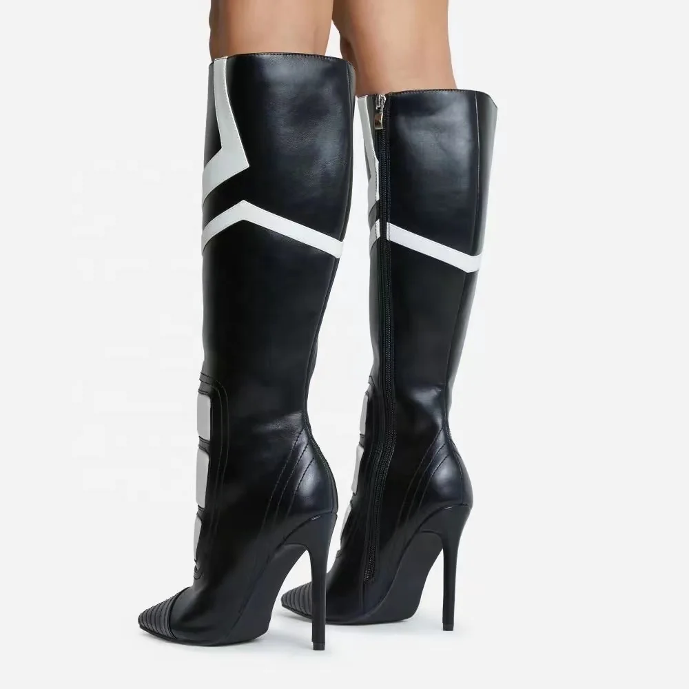 Wholesale custom womens boot Enmayer handmade pointy black white stripe stiletto heels knee boots hot sale winter ankle boots