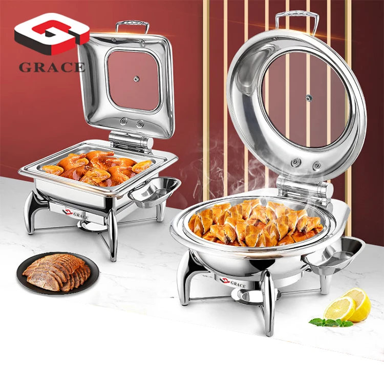 Commercial 11L Round Chafing Dish Round S/S CHAFING Dish W/ Glass Lid and Lid HOLDER. Stainless Steel Carton Case CN;GUA Silver