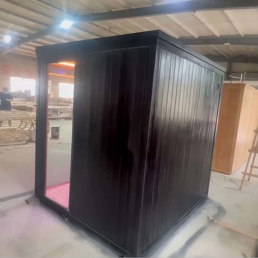 Modern Outdoor Sauna Room With Panoramic Glass Doors and Wood Finish for Home Spa