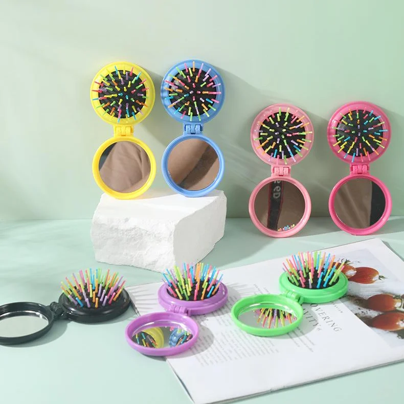 Rainbow Tooth sweet girl 7 colors mini hair brush and mirror set folding pocket hair comb kid/child