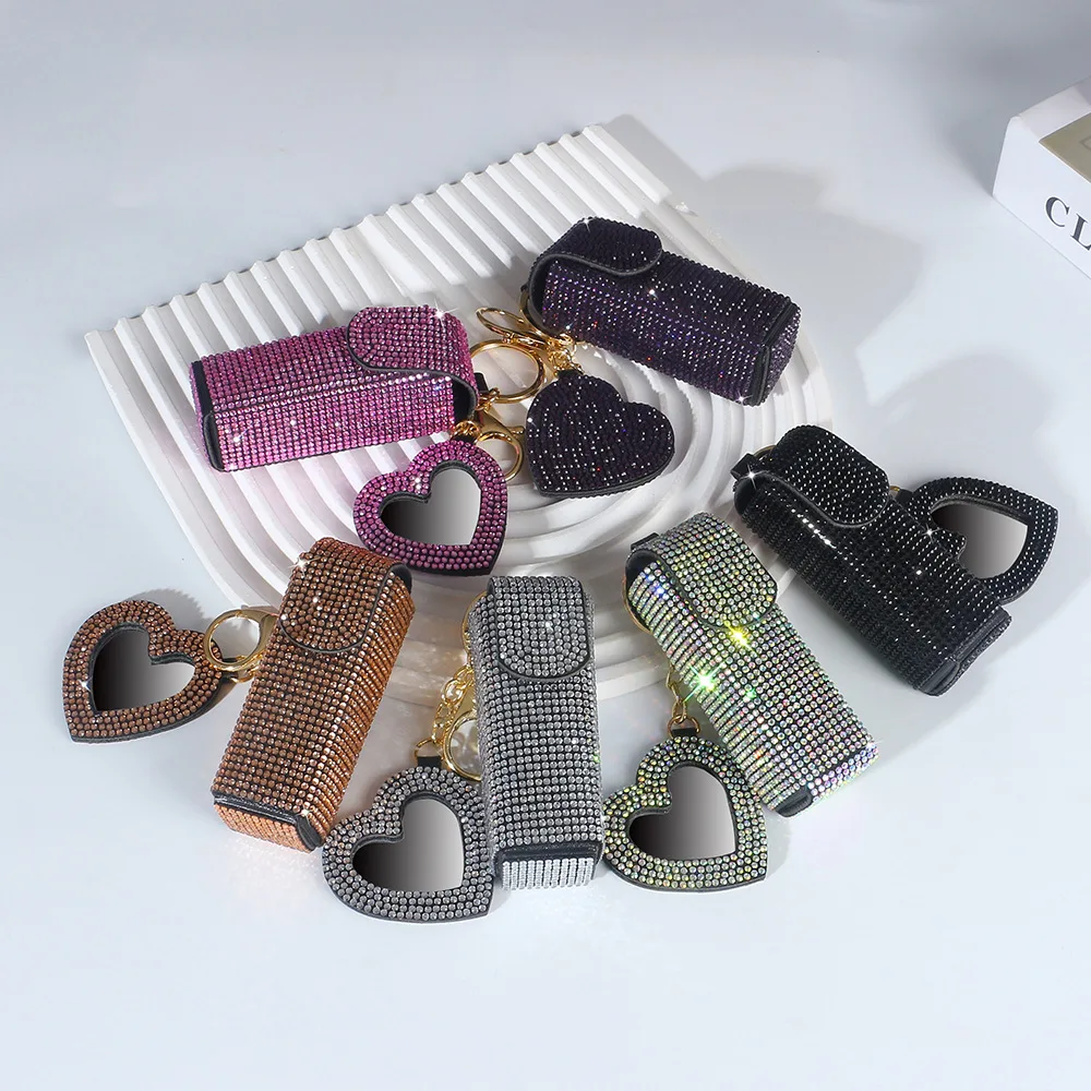 Bling Rhinestone Diamond Organizer Storage Bag Leather Key Ring Handbag Pendant Lipstick Container Key Chain With Make Up Mirror