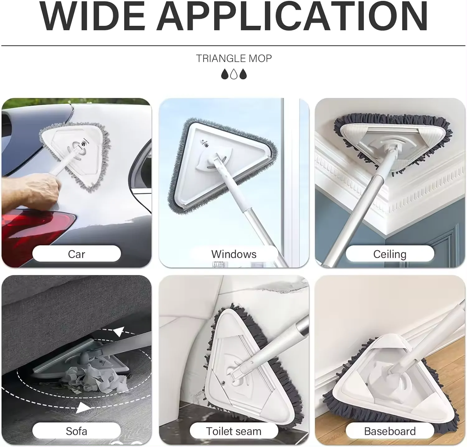 Qiyun Aluminum Triangle Mop with Long Telescopic Handle Deep Cleaning Dry and Wet Mop for Wall Dust Removal