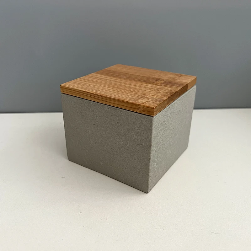 Square Matte Concrete Candle Vessel with Sealed Bamboo Lid