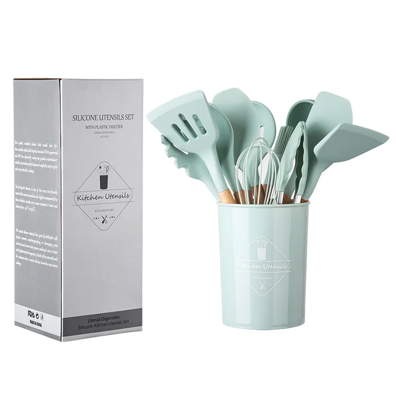 Hot Sale 12PCS Silicone Kitchen utensils with Wooden handle Non-stick Silicone Kitchen Helper Set