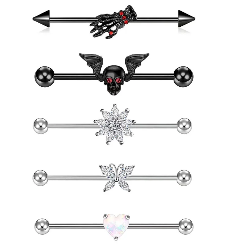 YICAI  316L Surgical Steel Skull Hand Barbell industrial Bar Piercing For Women Bat industrial Barbell Skull Cartilage Earring