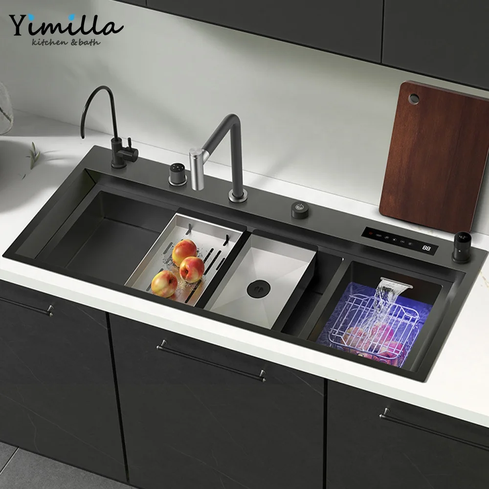 Smart kitchen sink stainless steel double bowl luxury sinks multifunctional Nano black kitchen sink with purification system