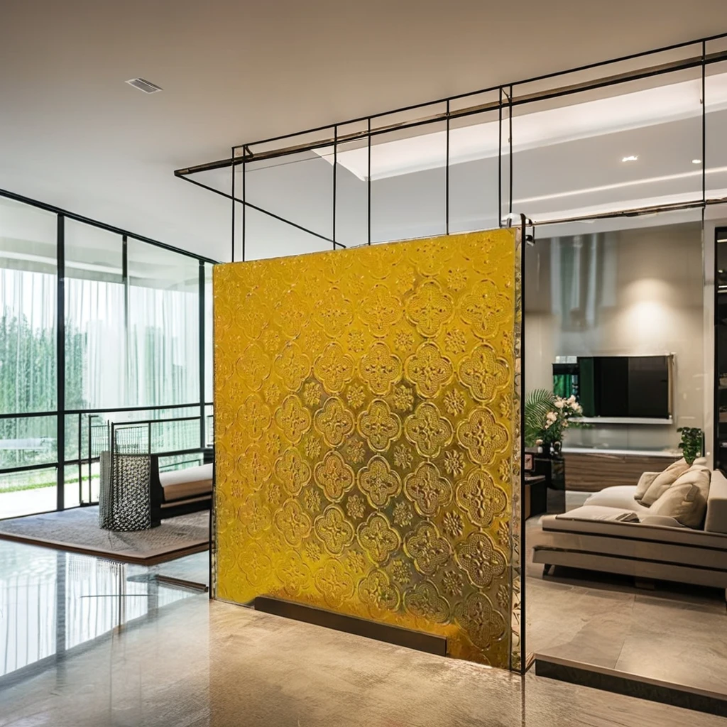 Ultra White Ripple Stone Embossed Tempered Art Glass Partition Rainbow Screen Pattern for Kitchen & Bathroom Decorative Use