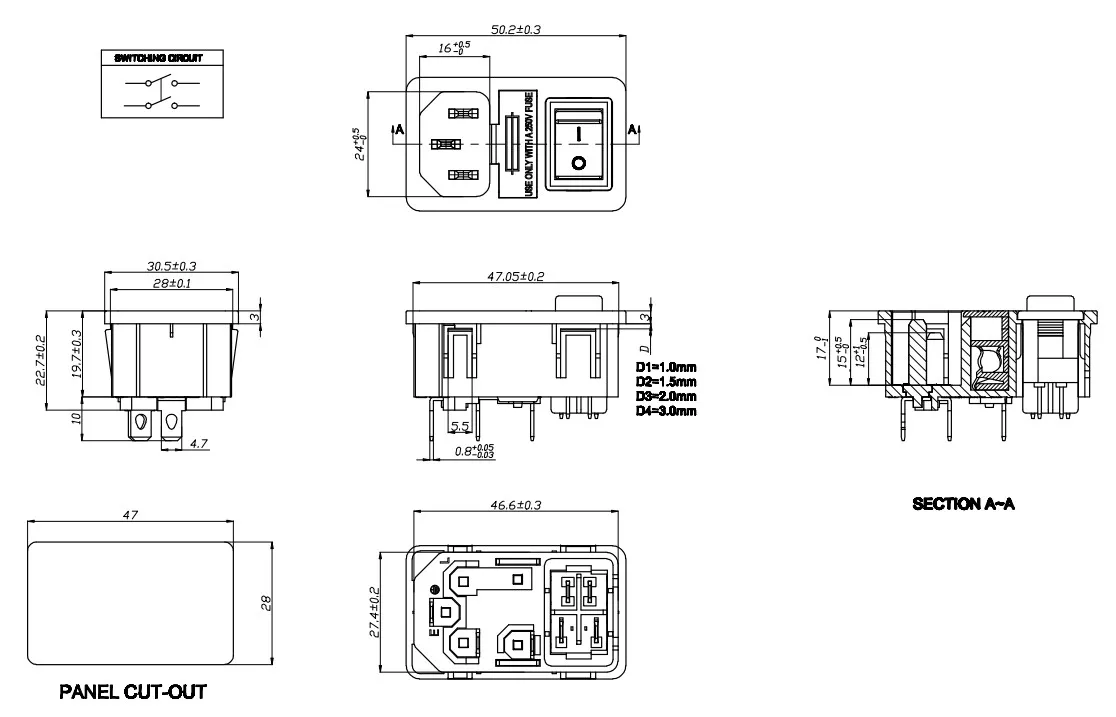 Комбинированная электрическая розетка переменного тока 10A250V IEC C14 3 в 1 с переключателем и двумя держателями предохранителей