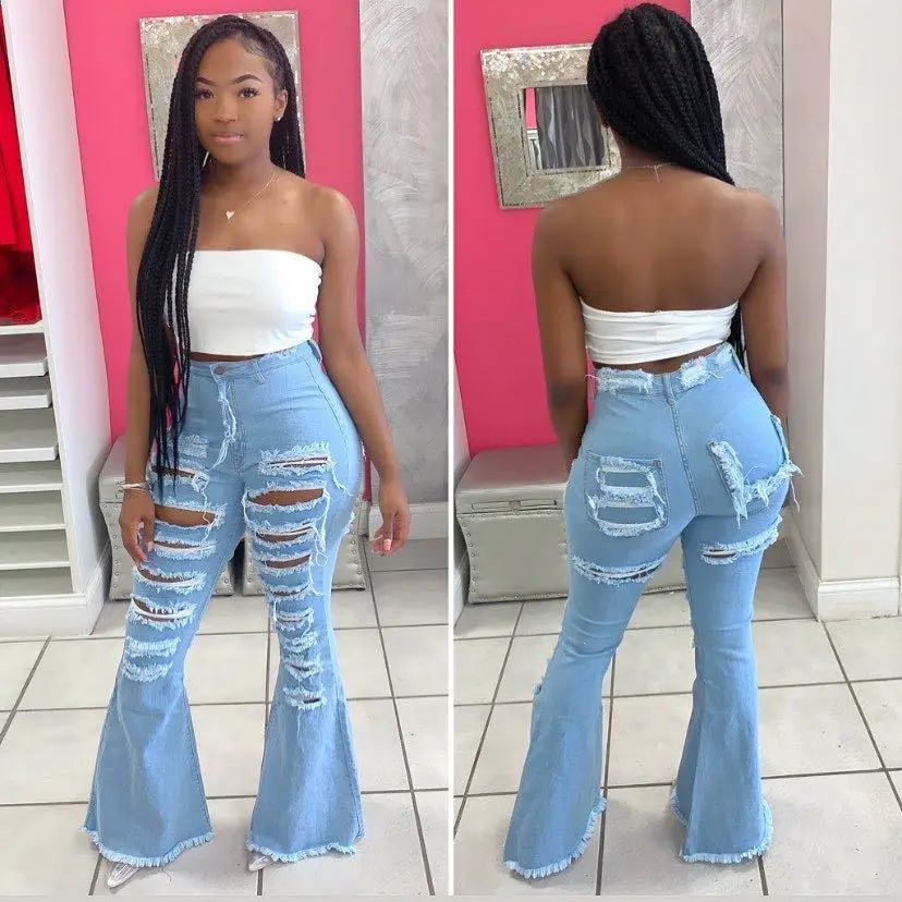 
Ripped bell bottoms horn flared jeans custom distressed denim ladies jeans fabric destroyed flare ripped jeans women 