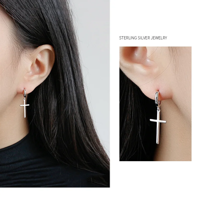925 Sterling Silver Cross Huggie Hoop Earrings Minimalist Cross Charm Dangle Drop Earrings Dainty Cross Hoop Earrings Women Men