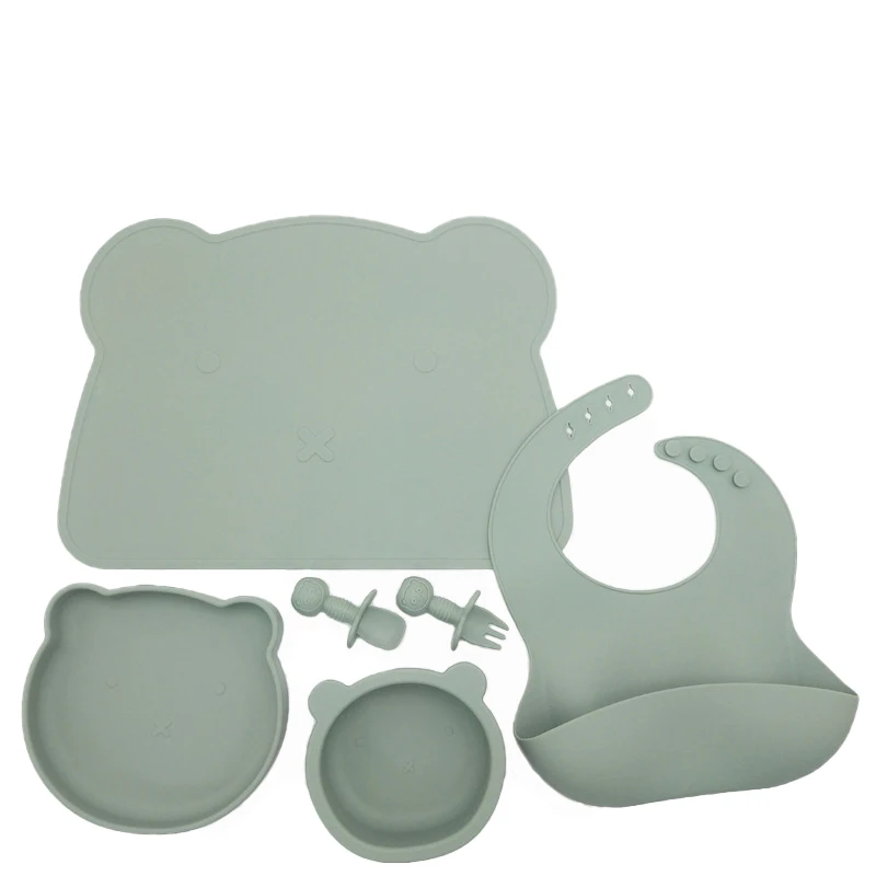 Non-slip Bpa Free Toddler First Stage Learning Spoon Divided Plate Bib Suction Silicone Bowl Baby Feeding Led Weaning Set